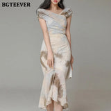 Elegant Ladies 2 Pieces Skirt Set V-neck Slim Women Tops & High Waist Irregular Mermaid Skirts 2021
