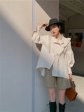 Spring 2021 Cotton Lantern Sleeve Designer Shirt Long Sleeve Beige Stand Collar Tie Fashion Women Top And