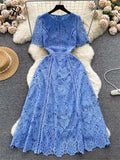 French Vintage Casual Lace Dress O Neck Butterfly Sleeve Zipper Hook Flower Hollow Fashion Slim Embroidery Long