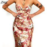 Summer Women Dresses Floral Print Spaghetti Strap 2022 New Casual A-line Midi Deep V-Neck Backless Sexy Club Sling