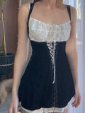 SUCHCUTE Vintage Lace Patchwork Mini Dress Women Cross Bandage Dark Academic Velvet Casual Party Dresses Gothic Slim