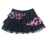 Black Plaid Lace skirts Womens Girls Y2K Summer Vintage Crop Streetwear Cute Mini Pleated skirt Gothic Hippie Kawaii