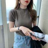 Summer Knitted Sweater Pullovers Short Sleeve Turtleneck Thin Sweater for Women Female Slim Jumper Office Lady