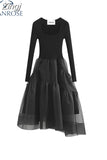 Women Knit Patchwork Crew Neck Black Dress Baggy Long Sleeve Pleated Lady Temperament Mid Long Frocks 2023 Autumn Winter
