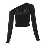 Winter Fashion Trend Women's New Personality Hottie Slant Shoulder Repair Letter Hot Umbilical Umbilical Clad