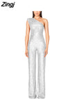 Women Elegant Long Jumpsuits Slanted Collar Party 2023 Sexy Glitter Sequin Club Playsuits Fashion Backless Solid