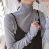 Retro T Shirt Sexy See Through Solid Color High Neck Fashion T Shirt Temperament Ladies All Match T