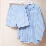 Casual Striped Tracksuits Woman Shorts Set Oversize Shirt High Waist Shorts Two Piece Set 2021 Female