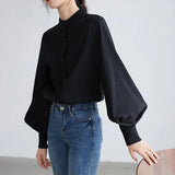 Lantern Sleeve Blouse Women Autumn Winter Single Breasted Stand Collar Shirts Office Work Blouse Solid Vintage Blouse