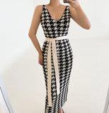 Korean Sweater Set Fashion Vintage Style V-Neck Long Knitted Sweater Coat + Houndstooth Vest Dress Female Two-Piece