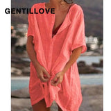 Women Buttons Office Lady Beach T-Shirts Oversized Loose Round Neck Solid Half Sleeve Summer Casual Blouse