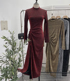 Design Sexy High Open Fork Folded Small Squint Dress Half-High Collared Shoulder Dress
