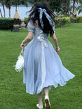 Blue Elegant Fairy Dress Women Bow Bandage Party Midi Dresses Casual Korean Fashion Lace Chic Lolita Dress Female