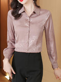 Women Shirts Polo Neck Silk Print Floral Vintage Top Button Up Shirt Satin Long Sleeve Blouse Ladies Tops Female Basic OL