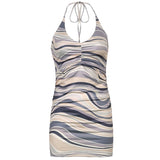 V Neck Sexy Bodycon Halter Tank Dress Woman Printed Lace Up Sleeveless Backless Mini Dresses Ladies Fashion