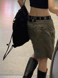 Y2K Grunge Punk Low Waist Cargo Skirts Vintage 90s Street Style Pockets Trim A-line Midi Skirt 2022 Fashion Retro
