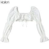 Fashion Sexy Bandage Low Chest Beach T Shirt Women Elegant White Lantern Sleeve French Romantic Slim Wild Female