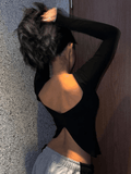 Backless Slit Black Long Sleeve Top- Outfit