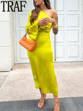 Asymmetrical Long Dress Women Yellow Satin Dress Woman One Shoulder Elegant Party Dresses 2023 Ruched Midi Summer