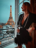 V-Neck Long Sleeve Feathers Bandage Mini Dress Winter Women Black Feathers Asymmetrical Slim Dress Evening Party Club