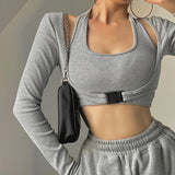 Autumn Sexy Letter Print Short Umbilical Tops Tank Full Sleeve Tops Vest Two-piece Womens Tops Cotton