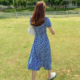 Women Short Sleeve Midi Maxi Retro Printing Side-slit Sexy Skinny Elegant Chiffon Holiday Chic Trendy Tunic French