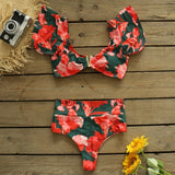 Waist Bikini 2021 Ruffle Swimwear Women Print Sexy Swimsuit Push Up Bikinis Plus Size Bathing Suits Floral Beach