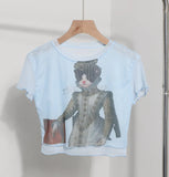 Front Double-Layer Mesh Hot Wood Ear Print Short-Cut Umbilly T-Shirt