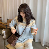 Winter Fashion Vintage Women Geometric Print O-neck Pullover Long Sleeve Loose Knitted Oversize Sweater