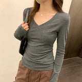 Gray V-Collar Slim Long-Sleeved T-Shirt A New Autumn And Winter Bottom Shirt With A Foreign Style To Show A Thin
