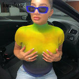 Women Fashion Summer Short Sleeve Gradient Turtleneck Slim Skinny Tops Tees T Shirt 2021 Female Clothing