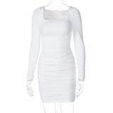 White Square Collar Long Sleeve Sexy Dress for Women Spring Summer Skinny Bodycon Mini Dresses Girls Party Club