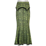 Green Lace Printed Trumpet Long Skirt- Outfit