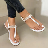 women summer shoes 2022 fashion rhinestone sandals women's one word plus size flat beach sandals