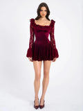 Red Velvet Long Sleeve Flare Mini Dress-Outfit