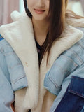 Zingj No Doubt Liang Shuang With The 2024 New Velvet Thick Denim Stitching Lamb Lapel Cotton Jacket Coat