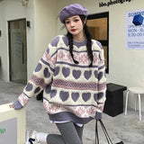 and fresh love embroidery pattern pullover purple sweater American college style lazy aesthetic women winter sweaters