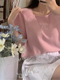 Round Neck Bow Print Short Sleeved Knitted Top-Outfit