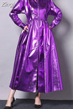 Autumn Long Shiny Reflective Patent Pu Leather Trench Coat for Women Zipper Runway Fashion Luxury Designer Clothes