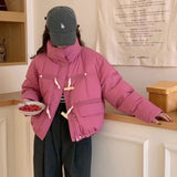 Sweet Wood Button Short Down Jacket Female 2024 Winter New Stand Collar Small Warm White Duck Down Bread Coat-Outfit