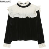Sales Women Patchwork Hollow Out White Lace Tops Stand Collar Formal Design Black Cute Sweet Ruffled Shirts Blouses