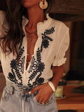 Women's V-Neck Floral Embroidered Shirt Women's New Fashion Single-Crysle
