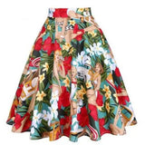 Women Retro Pleated Skirts 50s Kawai Vintage Rockabilly Swing Flamingo Printed High Waist Casual Tutu Summer Skater