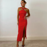 Women's Clothing 2022 Summer Elegant Black Red Halter Backless Split Mid-calf Evening Prom Dress Sexy Off Shoulder Party