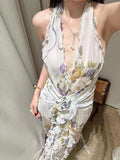 French Holiday Style V-Neck Hanging Neck Wood Ear Dress Chiffon Three-Dimensional Flowers Bare Back Sexy Evening Dress