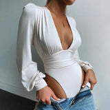 Bodysuit Sexy Black Deep V Neck Puff Sleeve Bodycon Jumpsuit Elastic Casual Party Winter Bodysuits Body Tops