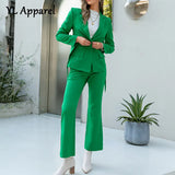 Women's Suit Elegant Solid Green Two Piece Set Blazer Trouser Sets Office Lady Chic Tops Outfits Fashion Blazers Suits
