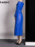 Spring Autumn Cool Blue Pu Leather Maxi Biker Dress Women Zipper Belt Off Shoulder Elegant Luxury Designer Clothing