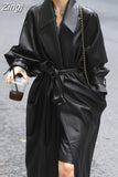Spring Autumn Oversized Long Black Soft Pu Leather Trench Coat for Women Belt Double Breasted Luxury Korean Fashion
