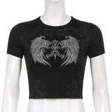 SUCHCUTE Gothic Graphic Print Women's T-shirts Dark Academic Short Sleeve Crop Tops Grunge Fairycore Streetwear Casual